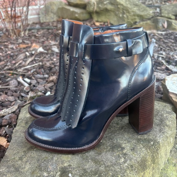 Tory Burch Shoes - Tory Burch Hyde  Navy Leather Fringe Ankle Boots Block Heel Women Size 9
